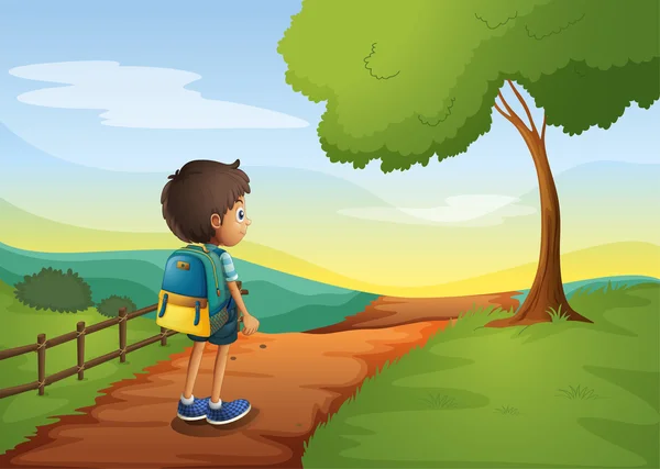 Un niño caminando mientras lleva una bolsa — Vector de stock