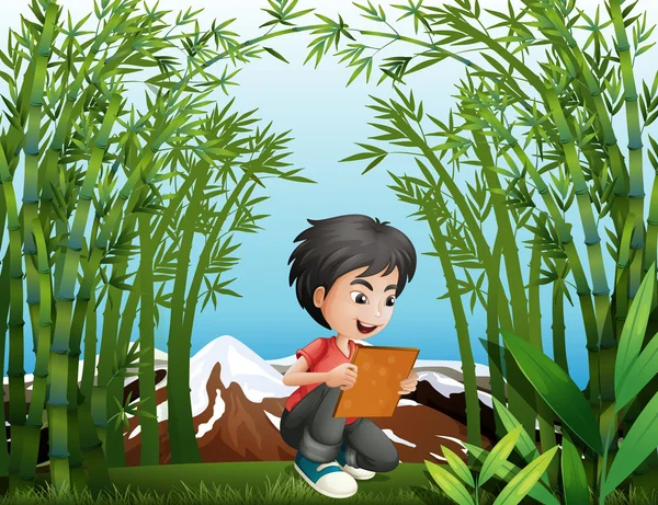 A boy holding a frame at the rainforest — Stock Vector