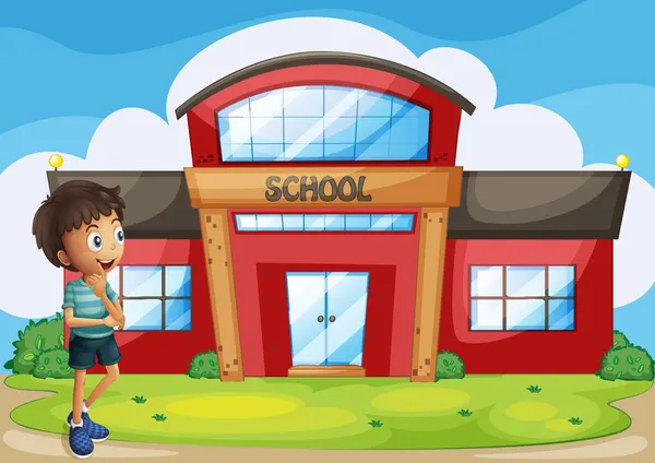 Un garçon devant le bâtiment de l'école — Image vectorielle