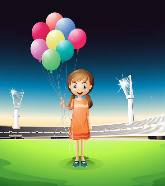 Una chica sosteniendo globos de pie en el medio de la cancha — Archivo Imágenes Vectoriales