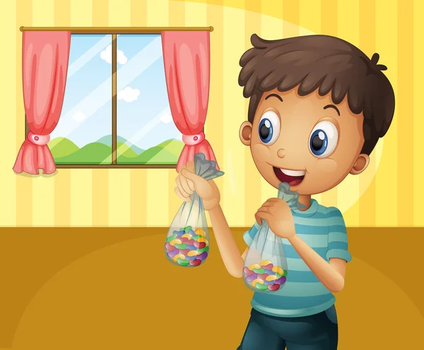 Ein Junge hält zwei Packungen Bohnenbonbons in der Hand — Stockvektor