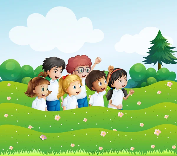 Six playful kids at the hill — Stock Vector