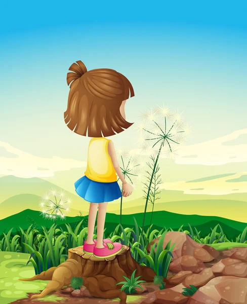 A child standing above the stump while sightseeing — Stock Vector