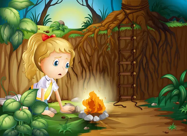 Uma menina triste fazendo uma fogueira —  Vetores de Stock