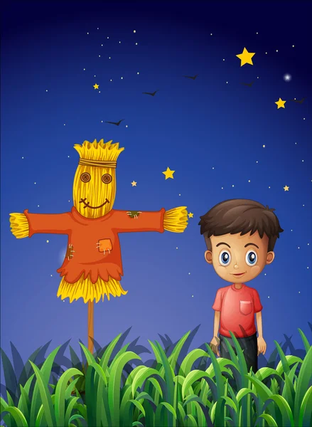 一个小男孩站在稻草人旁边 — 图库矢量图片