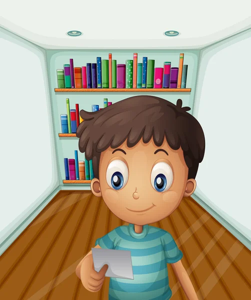 A young boy in front of the bookshelves — Stock Vector