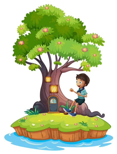 A boy sitting above the roots of a tree amazed by the treehouse — Stock Vector