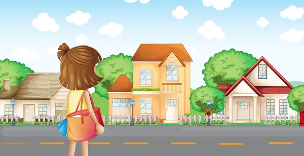 A girl with a bag across the neighborhood — Stock Vector