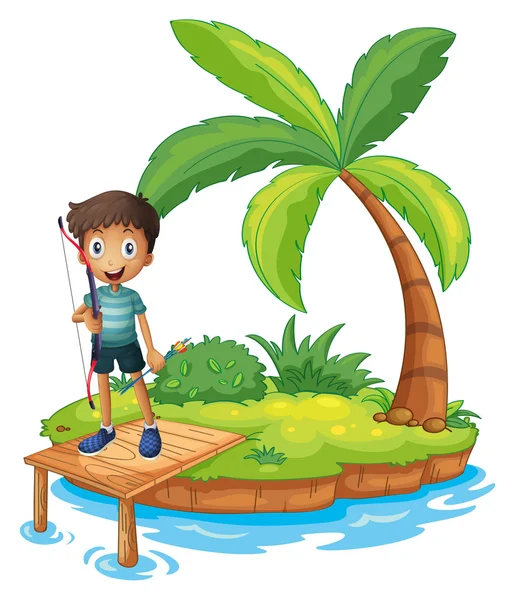 An island with a boy holding an archery — Stock Vector