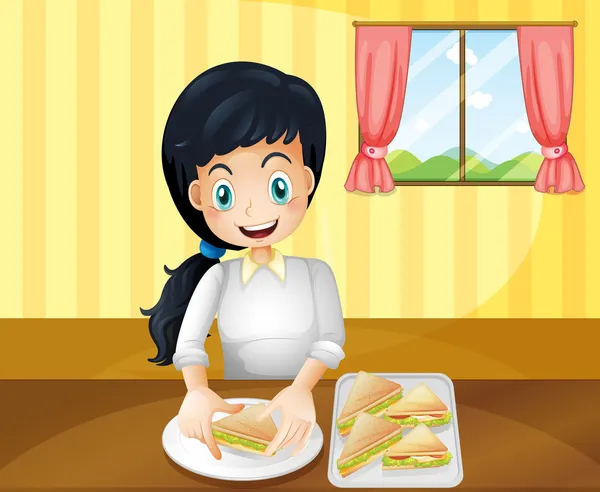 Uma mulher feliz preparando sanduíches — Vetor de Stock