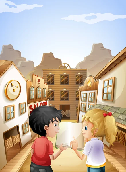 A boy and a girl with an empty book talking near the saloon bars — Stock Vector