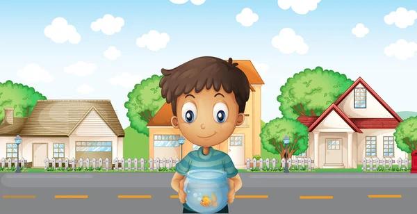 A boy with an aquarium standing across the neighborhood — Stock Vector