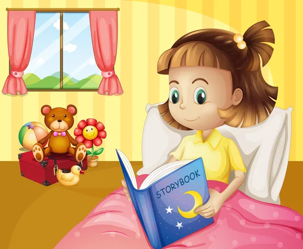 Una niña pequeña leyendo un libro de cuentos dentro de su habitación — Vector de stock