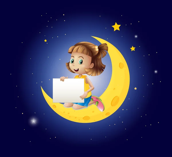 A girl above the moon with an empty signboard — Stock Vector