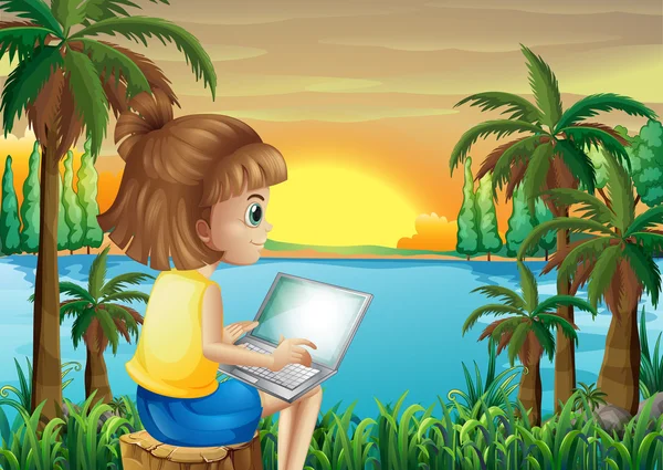 一个女孩在河边用她的笔记本电脑 — 图库矢量图片