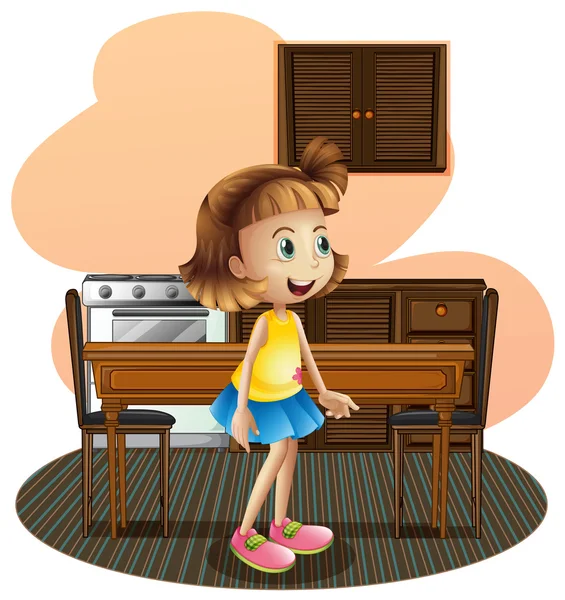 A little girl in the kitchen wearing a blue skirt — Stock Vector