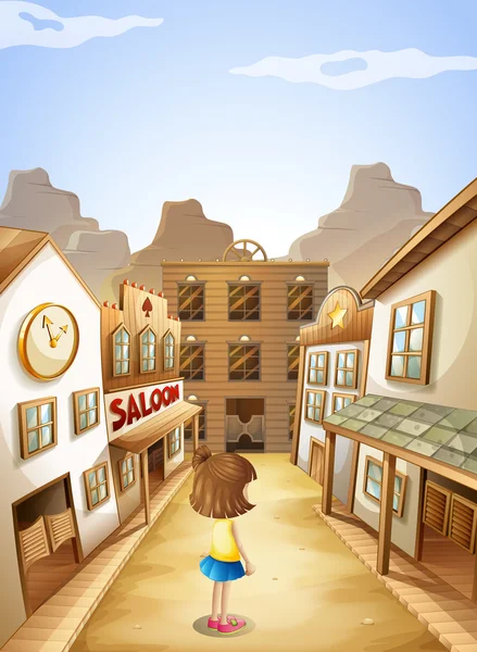 Een klein meisje in de buurt van de balken saloon — Stockvector