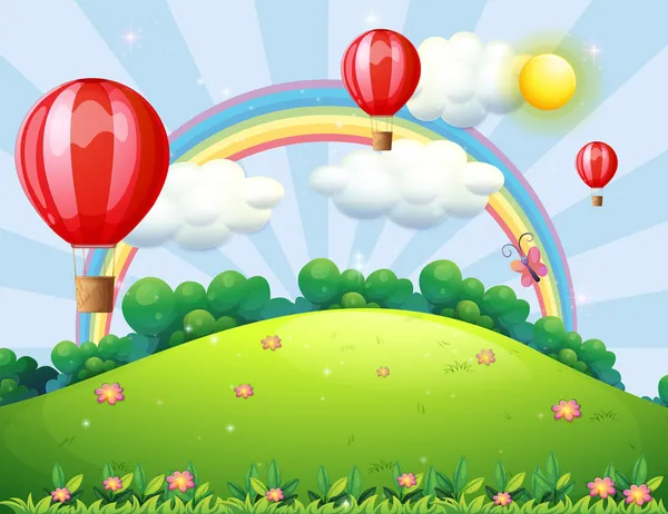 Palloncini galleggianti in cima alla collina con un arcobaleno — Vettoriale Stock