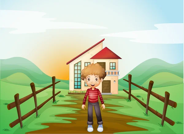 A boy in front of the concrete house in the hilltop — Stock Vector