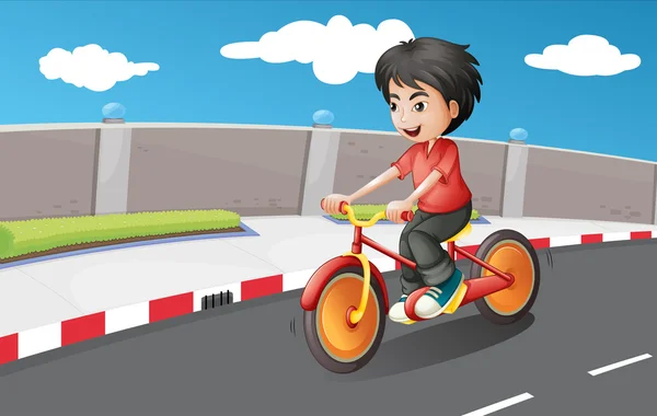 Un niño montando en su bicicleta con ruedas anaranjadas — Vector de stock