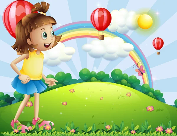 A young girl at the hilltop watching the floating balloons — Stock Vector