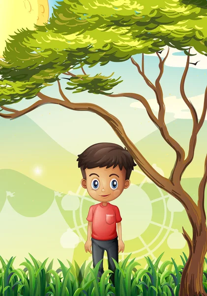 Ένας νεαρός άνδρας στέκεται στο πεδίο κοντά το γιγάντιο δέντρο — Διανυσματικό Αρχείο