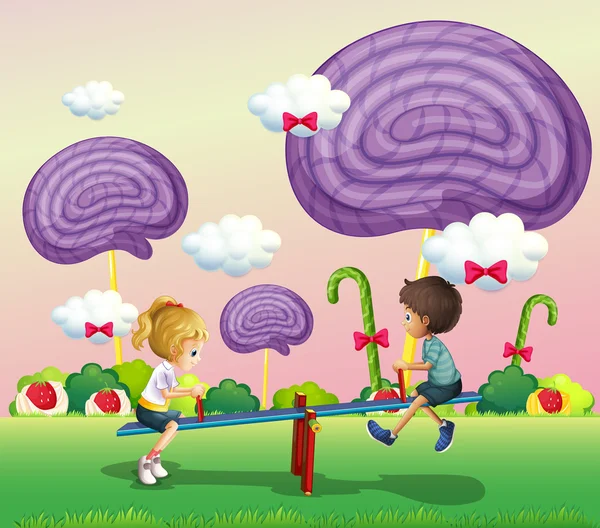 Дети играют в парке с гигантскими конфетками — стоковый вектор