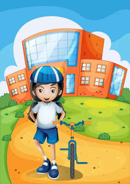 Жінка-велосипедистка стоїть перед шкільною будівлею — стоковий вектор