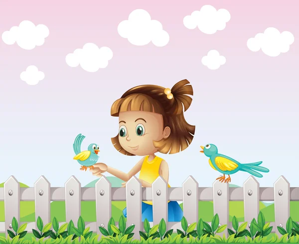 Ein junges Mädchen spielt mit den Vögeln am Zaun — Stockvektor