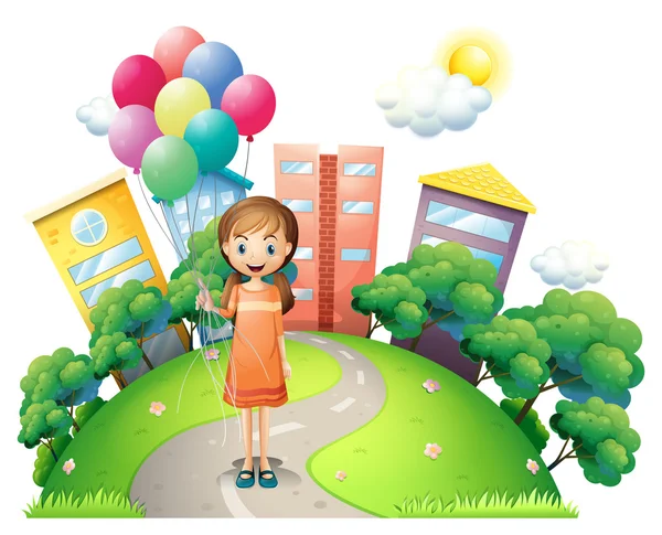 A young lady in the middle of the road with balloons — Stock Vector