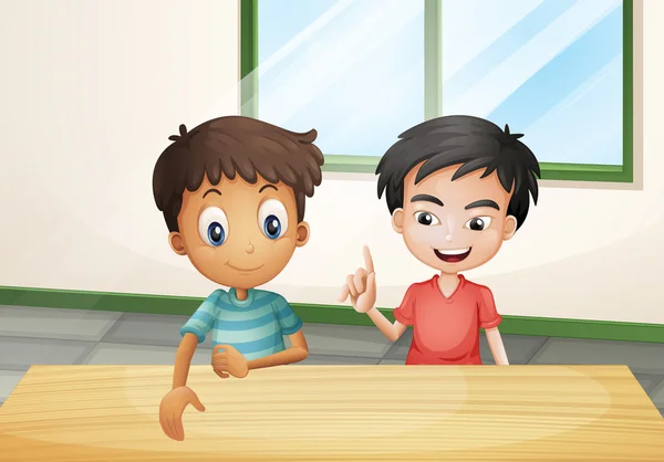 Zwei Jungen neben dem Holztisch — Stockvektor