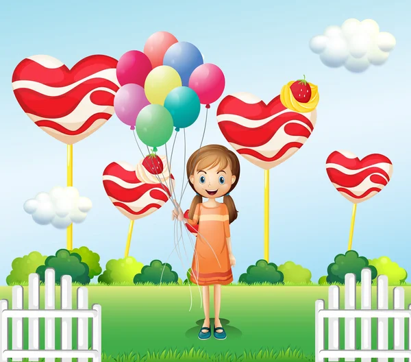 A girl in the candyland with eight balloons — Stock Vector