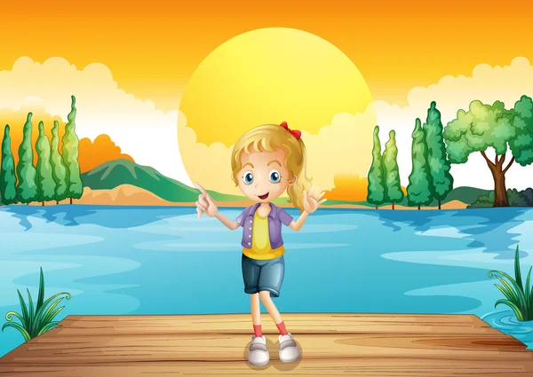 Een jong meisje, staande boven de houten duikplank — Stockvector