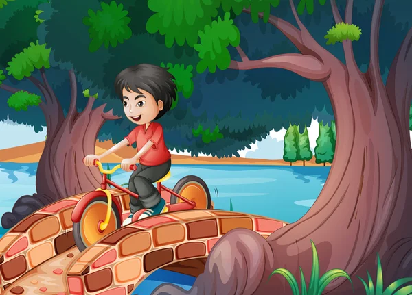 A boy passing the bridge with a bike — Stock Illustration A boy passing the bridge with a bike Royalty Free Stock Vectors