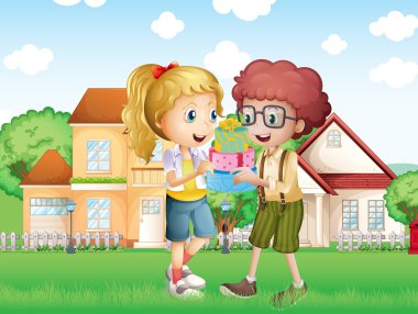 bir erkek ve bir kız Köyü önünde hediye alışverişi