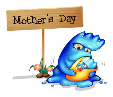 A mother monster with her daughter near a signboard clipart