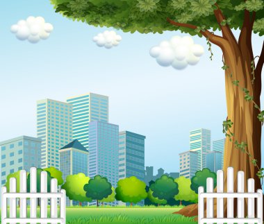 dev bir ağacın yanında yüksek binalar arasında ahşap çit