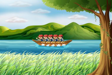 A group of boys riding on a boat clipart