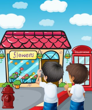 iki erkek çiçek dükkanlar çekim