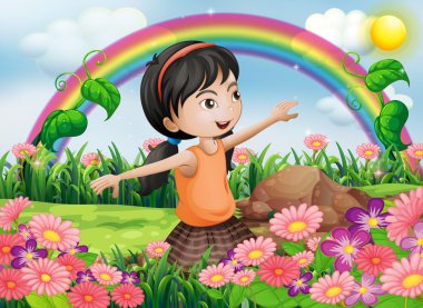 A happy girl at the garden with fresh blooming flowers clipart