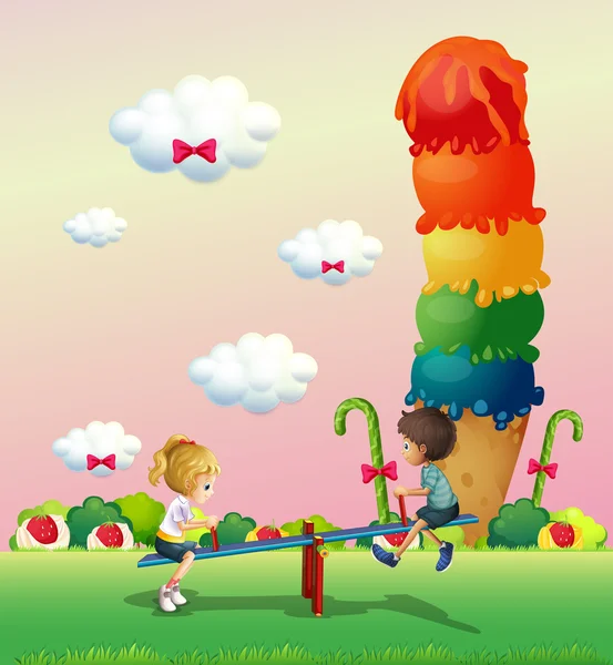 Uma menina e um menino brincando no parque com um gelado gigante — Vetor de Stock