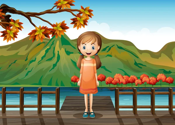 Μια νεαρή κοπέλα που στέκεται στη μέση η ξύλινη γέφυρα — Διανυσματικό Αρχείο