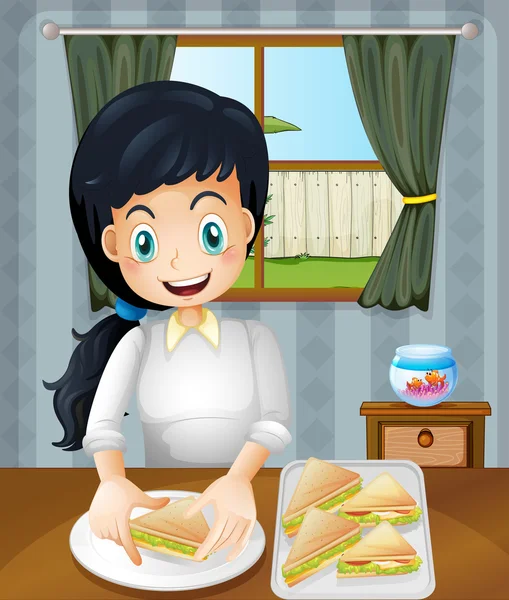 Una madre feliz preparando sándwiches — Vector de stock