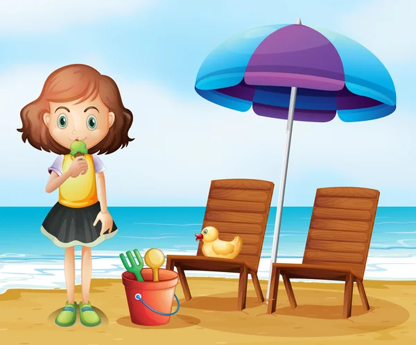 Una ragazza che mangia un gelato in spiaggia — Vettoriale Stock