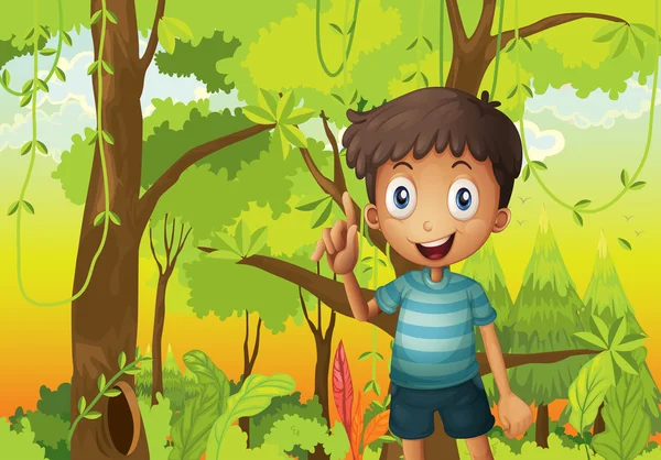 A forest with a young boy wearing a stripe tshirt — Stock Vector