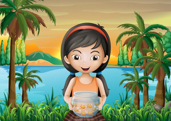 A girl holding an aquarium — Stock Vector