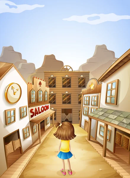 A little girl in the middle of the saloon bars — Stock Vector