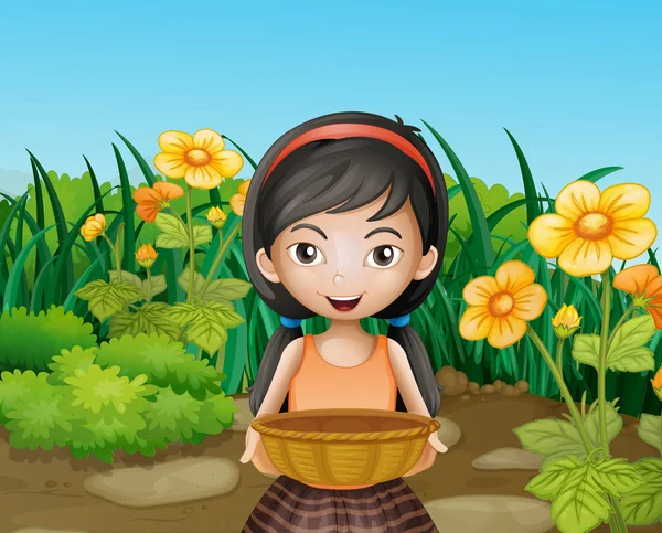 Ein junges Mädchen mit einem leeren Korb im Garten — Stockvektor