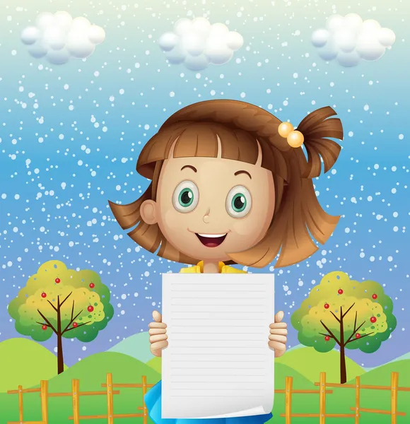En liten flicka som håller ett tomt papper nära stängslet — Stock vektor