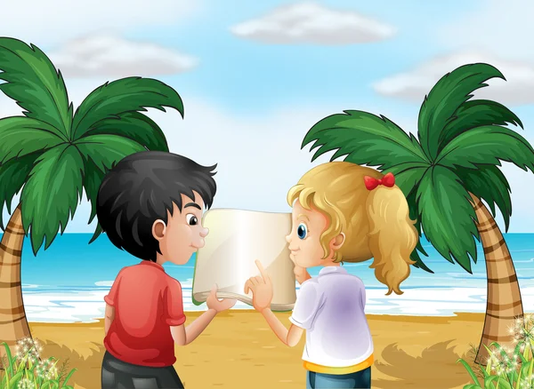 A beach with two kids discussing — Stock Vector